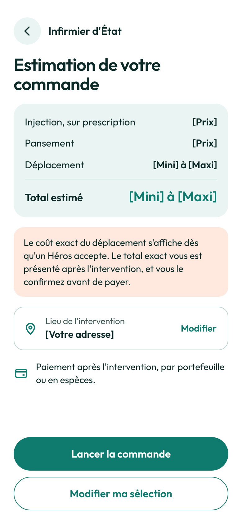 Écran de l'application : l'estimation, avec le prix de chaque soin, le déplacement et le total.