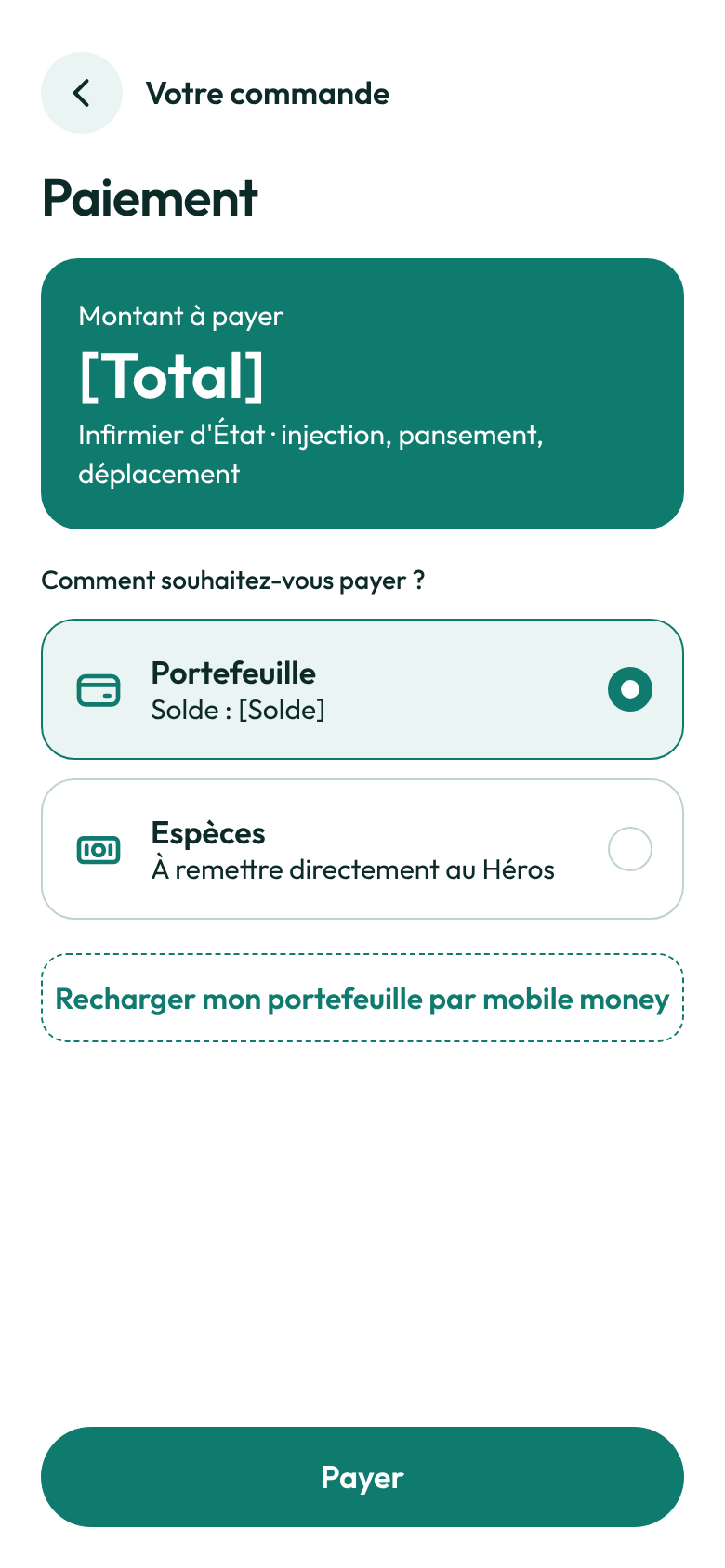 Écran de l'application : le paiement, en espèces ou par le portefeuille Lämsin.